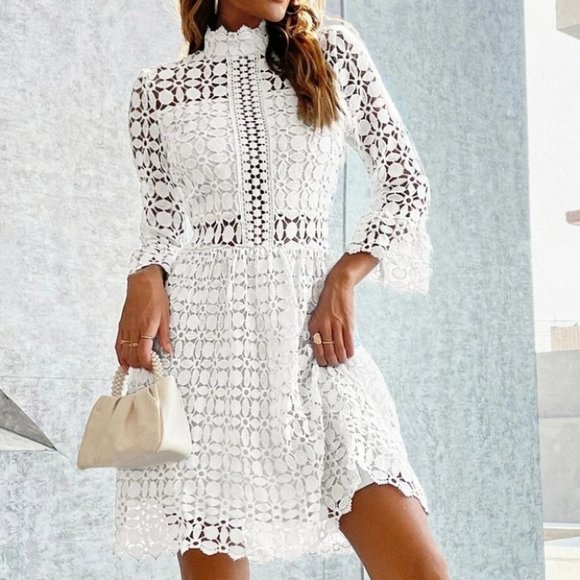 Private Label Dresses & Skirts - White mock neck Mesh Insert Flounce Sleeve Lace Dress